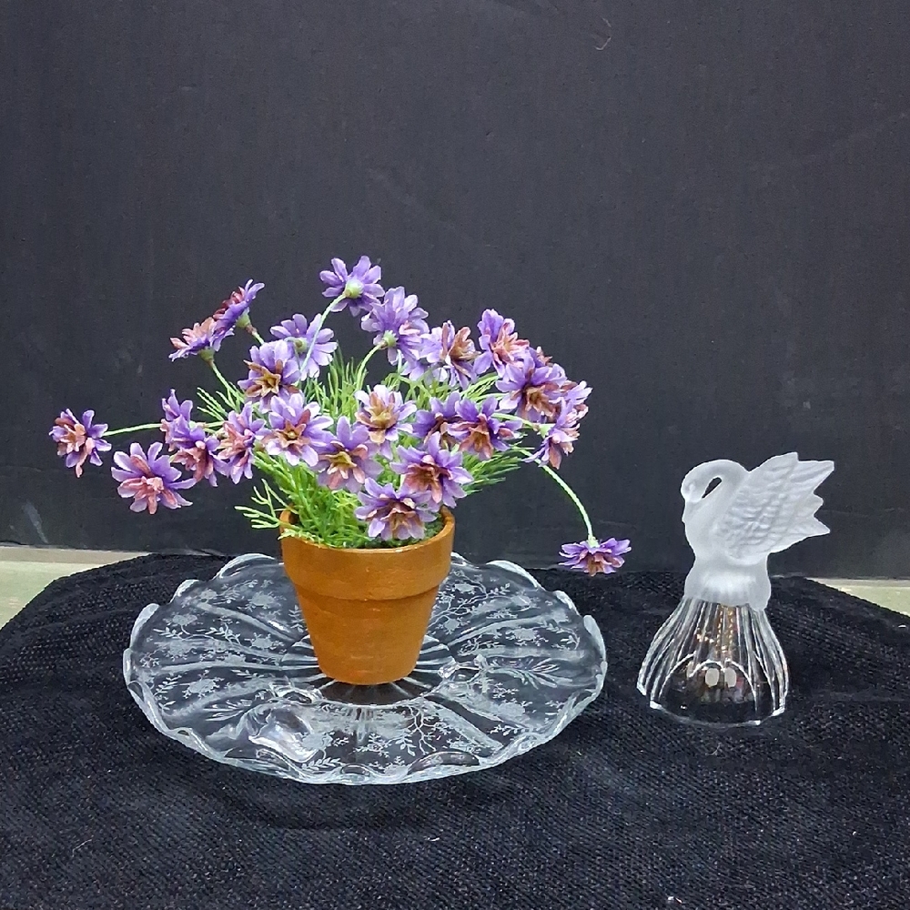 Fostoria bon bon tray etched‎ Chintz, and frosted swan R.O.C. crystal bell